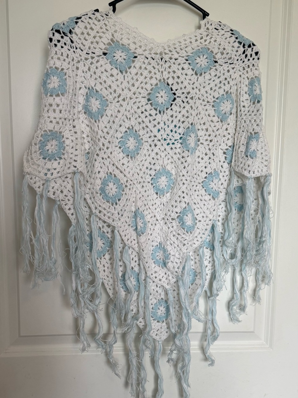 Crochet Fringe Poncho in White and Light Blue